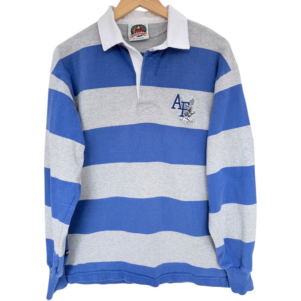 Barbarian Rugby Shirt Mens L Blue Gray Striped AF Logo Long Sleeve Heavy Cotton